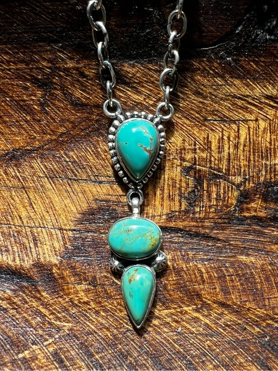 Hand Crafted Jewelry - Kingman Turquoise Drop Necklace Sterling Silver 3 Stone Pendant | Southwestern